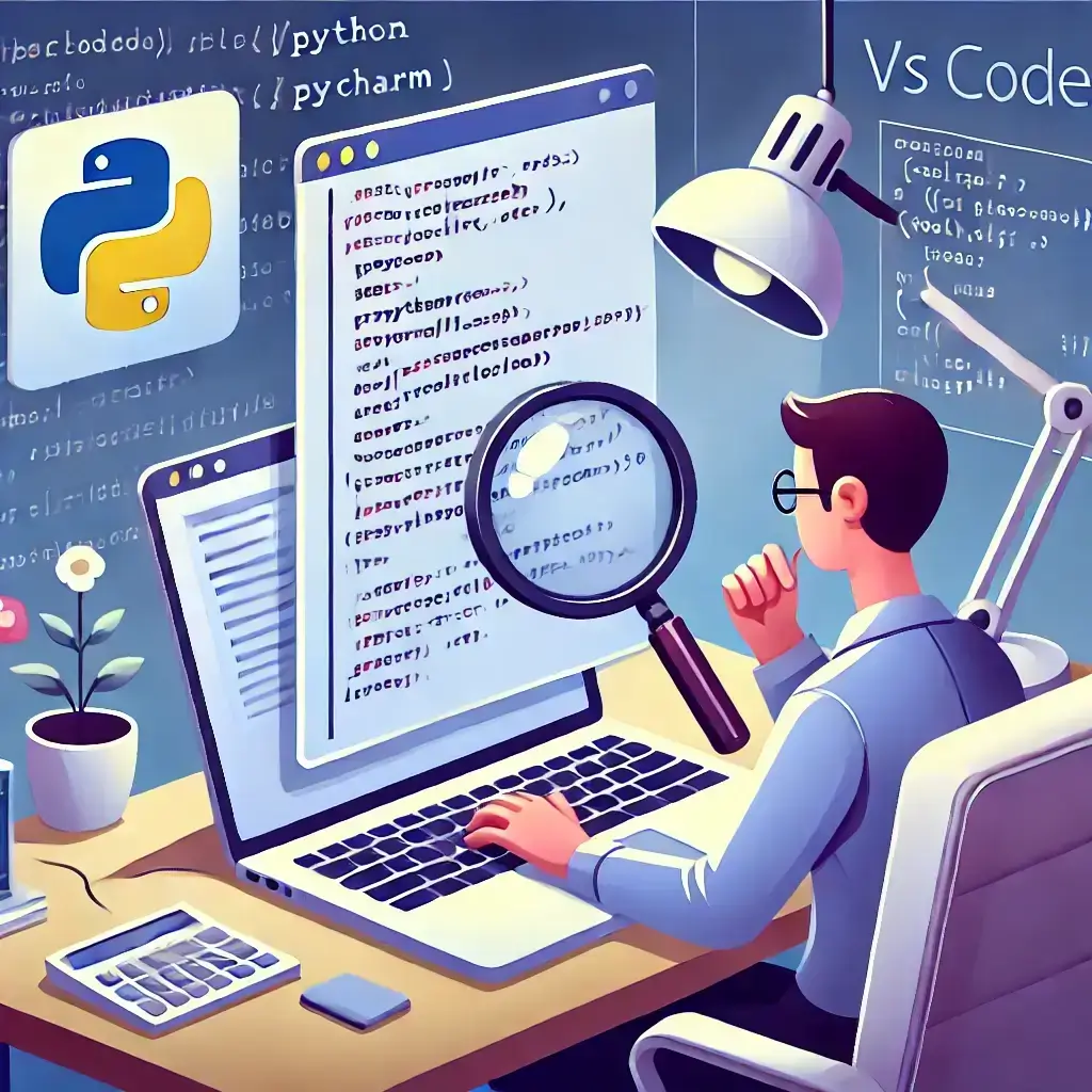 Programmer debugging Python Mastering Python Debugging : A Comprehensive Guide for VS Code and PyCharm code in VS Code or PyCharm using a laptop and magnifying glass