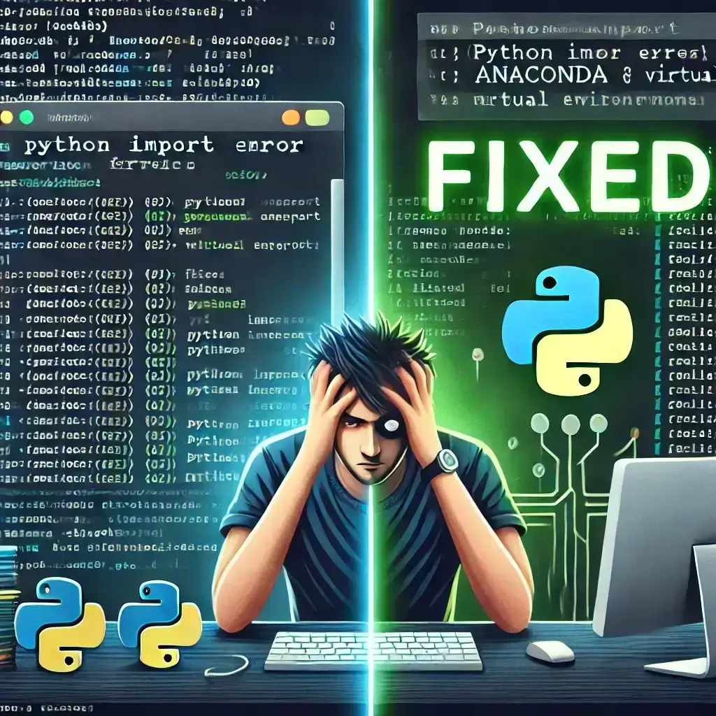 Fix Import Errors in Python Anaconda and Virtual Environments being resolved by a programmer. The image highlights troubleshooting and successful module import.